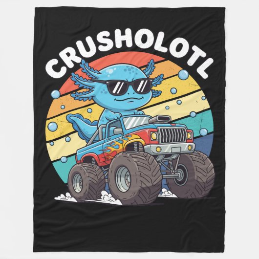 Retro Crusholotl Axolotl Monster Truck Art Fleecedecke (Vorderseite)