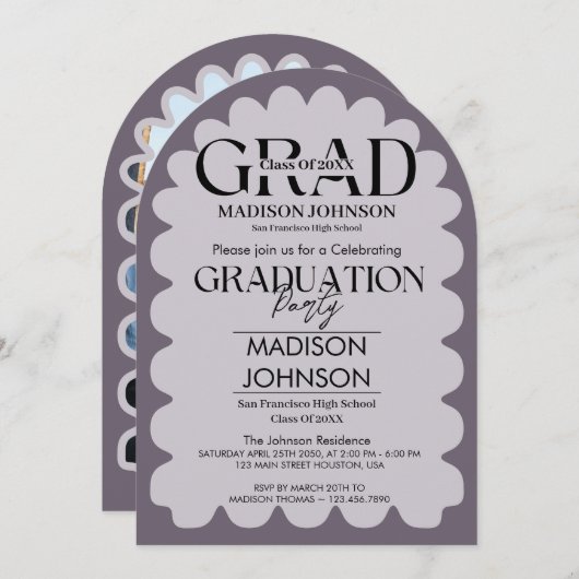 Retro Curve Squiggle Wavy Lila Arch Abschluss Einladung (Vorne/Hinten)