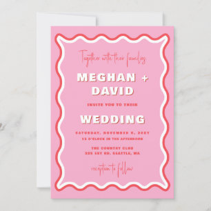 Retro Curve Squiggle Wavy Pink Red Foto Wedding Einladung