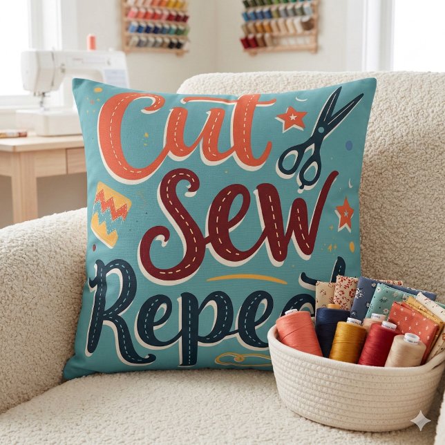 Retro "Cut Sew Repeat" Nähen Lover Design Kissen (Retro Cut Sew Repeat Sewing Lover Design Throw Pillow Mockup A)