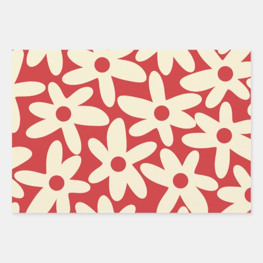 Retro Daisies Blumenmuster Rot und Creme Geschenkpapier Set (Vorderseite 3)