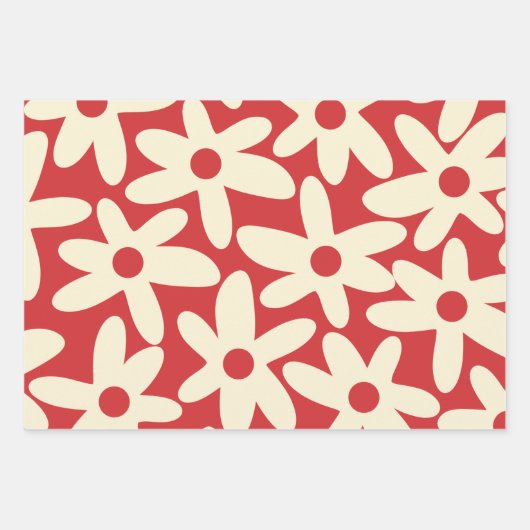 Retro Daisies Blumenmuster Rot und Creme Geschenkpapier Set (Vorderseite)