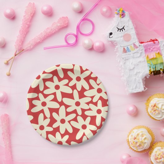 Retro Daisies Blumenmuster Rot und Creme Pappteller (Party)