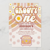 Retro Daisies Combi Groovy 1. Geburtstag Einladung (Vorne/Hinten)