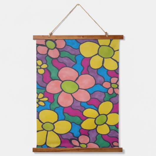 Retro Daisies farbenfrohe Printwerbung Wandteppich Mit Holzrahmen (Vorderseite)