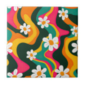 Retro Daisies farbenfroher 70er Hippie Pattern Fliese (Vorderseite)