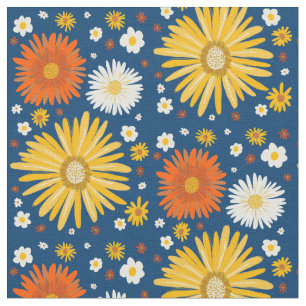 Retro Daisies Muster Deep Blue Stoff