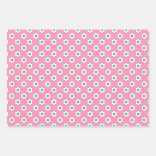 Retro Daisies rosa und grün Geschenkpapier Set (Vorderseite 2)