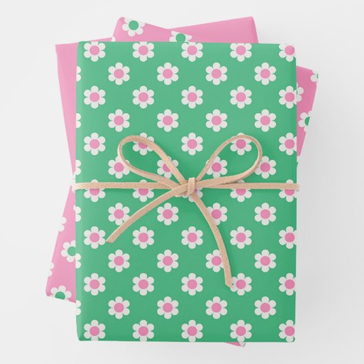 Retro Daisies rosa und grün Geschenkpapier Set (Beispiel)
