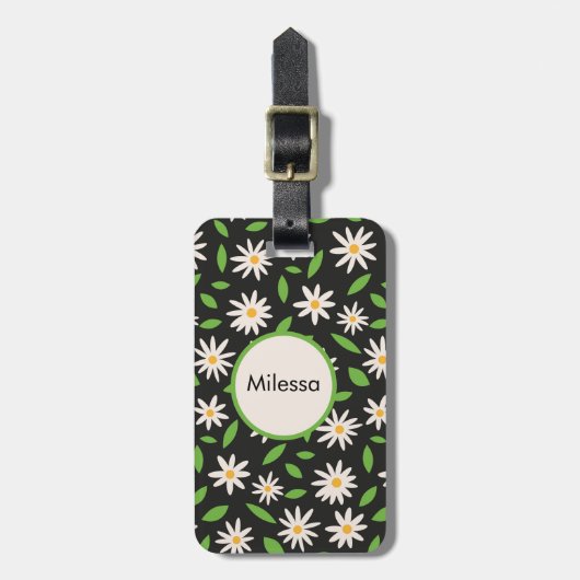 Retro Daisy-Blume auf Schwarz benutzerdefiniert Gepäckanhänger (Vorderseite vertikal)