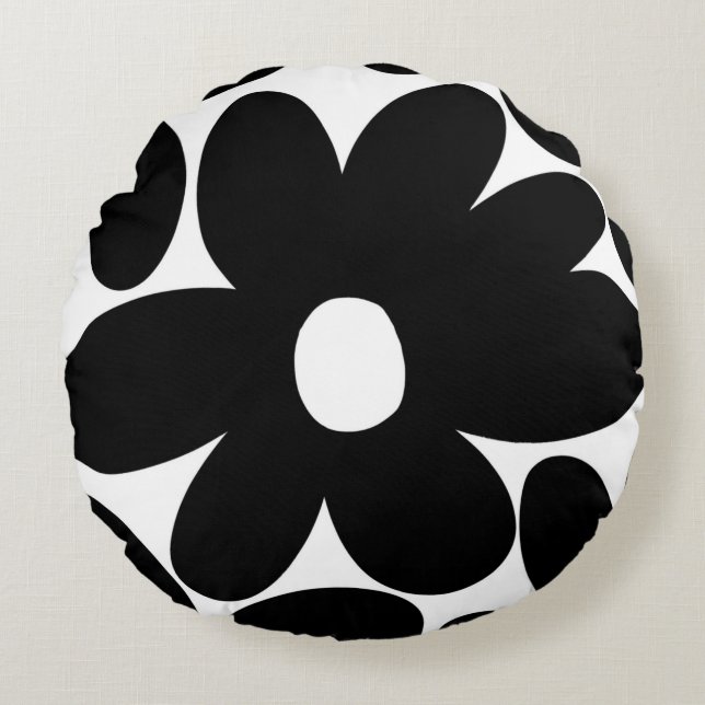 Retro Daisy Blume in Schwarz und Weiß #1 #floral  Rundes Kissen (Vorderseite)