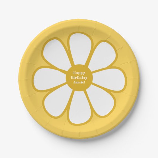 Retro Daisy Blume Single in Mustard Personalisiert Pappteller (Vorderseite)
