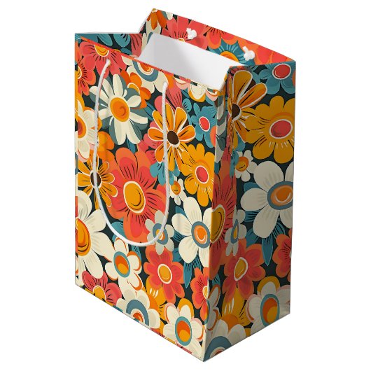 Retro-Daisy-Blumen-Geschenktasche Mittlere Geschenktüte (Rückseite Schrägansicht)