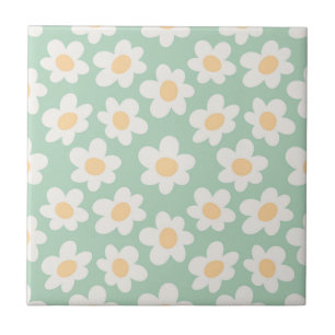 Retro-Daisy-Blüten auf grünem Hintergrund Fliese