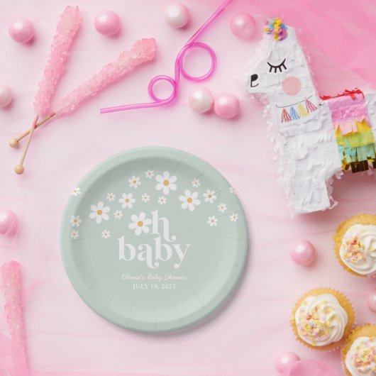 Retro Daisy boho Baby Dusche grünes Papierplatte Pappteller (Party)