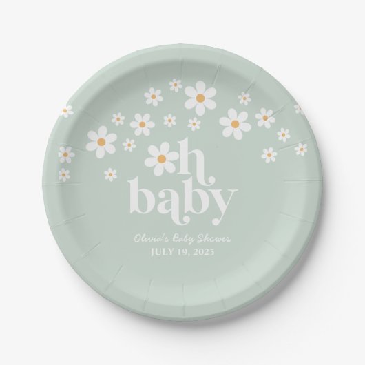 Retro Daisy boho Baby Dusche grünes Papierplatte Pappteller (Vorderseite)