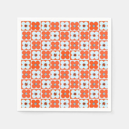 Retro Daisy Boho Checkered Orange Paper Napkin Serviette (Vorderseite)