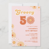 Retro Daisy Boho Orange Pink 50th Birthday Einladung (Vorderseite)