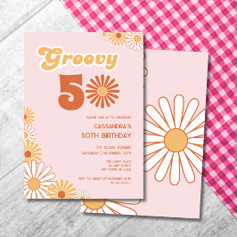 Retro Daisy Boho Orange Pink 50th Birthday Einladung