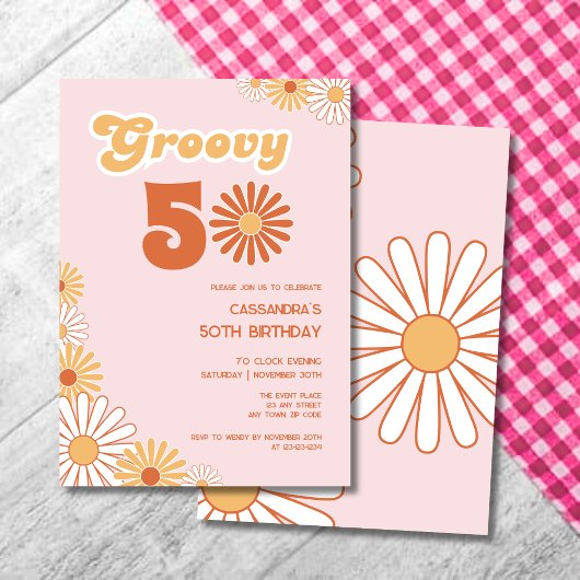 Retro Daisy Boho Orange Pink 50th Birthday Einladung