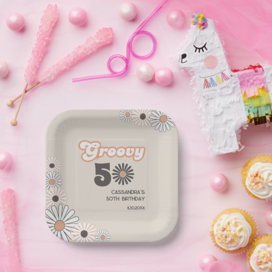 Retro Daisy Boho Terracotta Natural 50th Birthday Pappteller (Party)