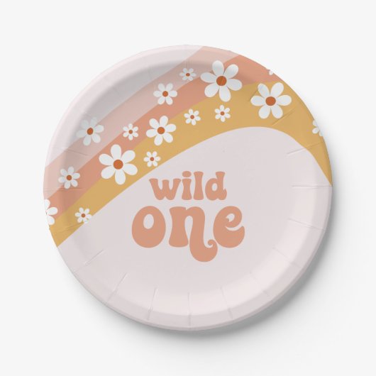 Retro Daisy Boho Wild One Rainbow Paper Plate Pappteller (Vorderseite)