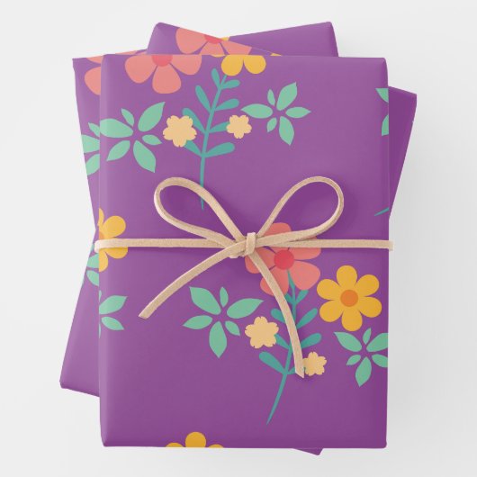 Retro Daisy Bouquet Muster in Lila Geschenkpapier Set (Beispiel)