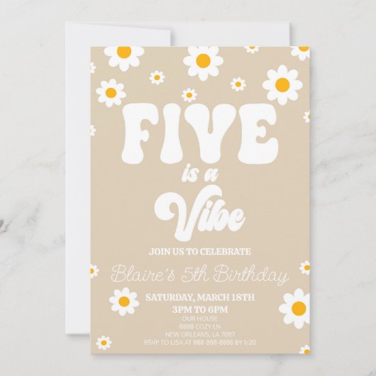 Retro Daisy Five Is A Vibe 5th Birthday Party Einladung (Vorderseite)