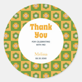 Retro Daisy Floral Checkered Geburtstag Vielen Dan Runder Aufkleber