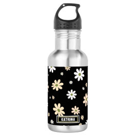 Retro Daisy floral Muster Boho Personalisiert Blac Edelstahlflasche