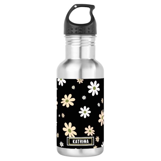 Retro Daisy floral Muster Boho Personalisiert Blac Edelstahlflasche (Vorderseite)