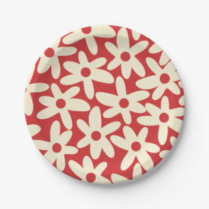 Retro Daisy Floral Muster in Rot und Creme Pappteller