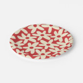 Retro Daisy Floral Muster in Rot und Creme Pappteller (Schrägansicht)