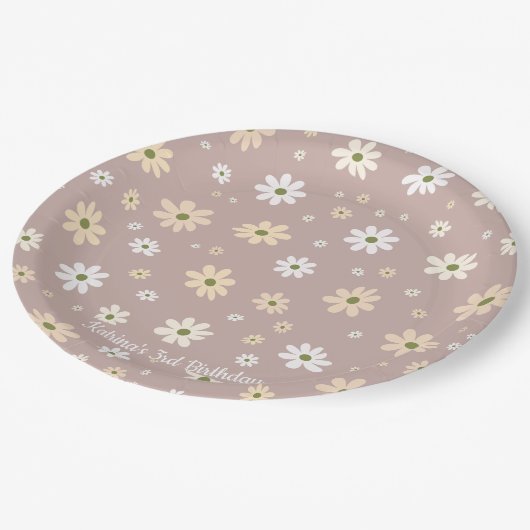 Retro Daisy Floral Pattern Personalisiert Geburtst Pappteller (Schrägansicht)