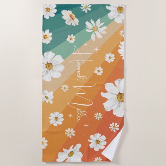 Retro Daisy Floral Rainbow Monogramm Strandtuch (Vorderseite)