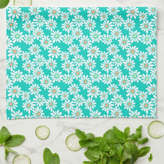 Retro Daisy Florals auf Aquamarin Green Geschirrtuch (Gefaltet)