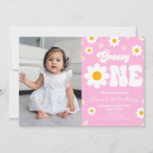 Retro Daisy Flower Groovy One 1st Birthday Party Einladung (Vorderseite)