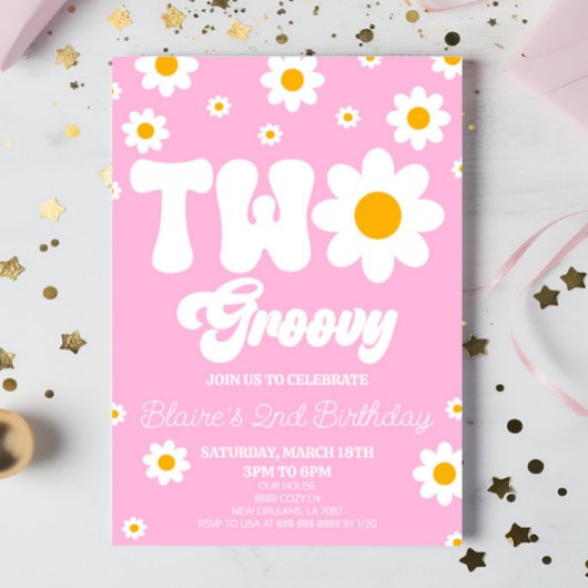 Retro Daisy Flower Two Groovy 2nd Birthday Party Einladung