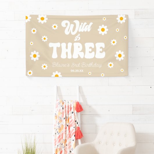 Retro Daisy Flower Wild & Three 3rd Birthday Party Banner (Insitu)