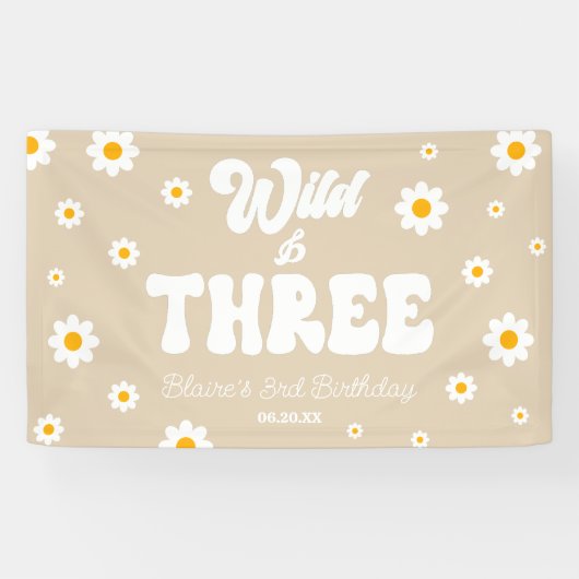 Retro Daisy Flower Wild & Three 3rd Birthday Party Banner (Horizontal)