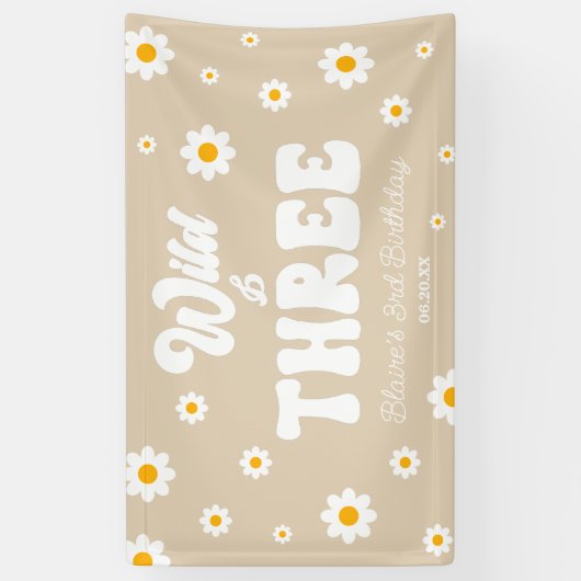 Retro Daisy Flower Wild & Three 3rd Birthday Party Banner (Vertikal)