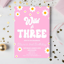 Retro Daisy Flower Wild & Three 3rd Birthday Party Einladung