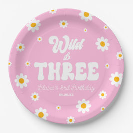 Retro Daisy Flower Wild & Three 3rd Birthday Party Pappteller