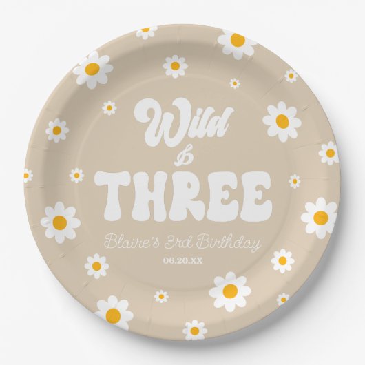 Retro Daisy Flower Wild & Three 3rd Birthday Party Pappteller (Vorderseite)
