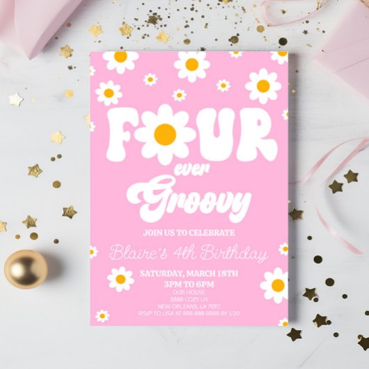 Retro Daisy Four Ever Groovy 4th Birthday Party Einladung