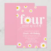 Retro Daisy Four ever Wild Pink White 4. Geburtsta Einladung (Vorne/Hinten)