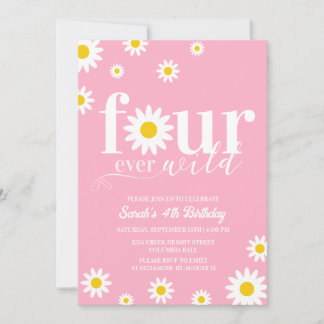 Retro Daisy Four ever Wild Pink White 4. Geburtsta Einladung