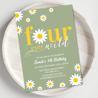 Retro Daisy Four ever Wild Sage Green 4. Geburtsta Einladung