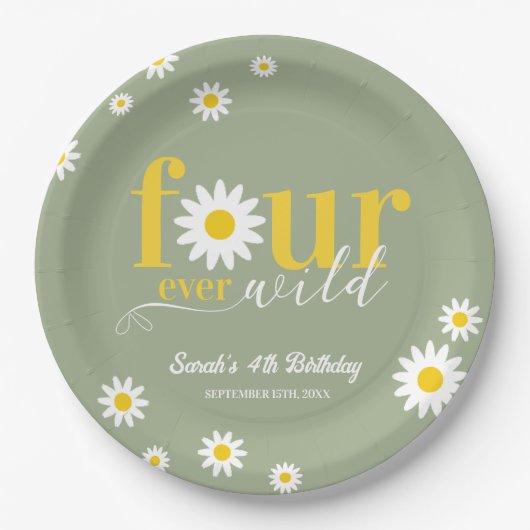 Retro Daisy Four ever Wild Sage Green 4. Geburtsta Pappteller (Vorderseite)