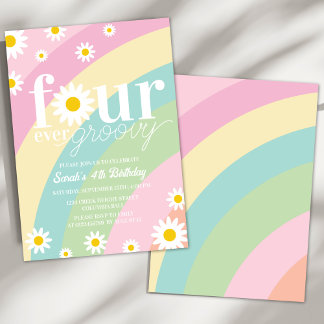 Retro Daisy Four je Groovy Rainbow 4. Geburtstag Einladung